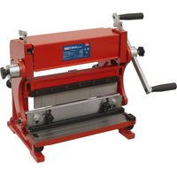 Red Sealey TIO305 3 in 1 sheet metal machine with dual handles and adjustable rollers.