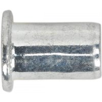 Silver Sealey M4 threaded insert rivet nut with cylindrical body and flanged top, pack of 50.