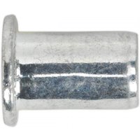 Silver Sealey M5 threaded insert rivet nut with cylindrical shape and flanged end, pack of 50.