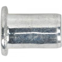 Silver Sealey M6 threaded insert rivet nut, cylindrical with a flanged top, pack of 50.
