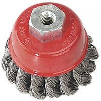Red Sealey twist knot wire cup brush with silver twisted bristles and hexagonal nut center.