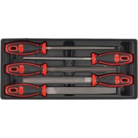 Sealey tool tray with 5 red and black engineers files, ergonomic handles, organized in a black tray.