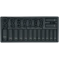 Black Sealey tool tray with 28-piece metric impact socket set, organized in a rectangular layout.