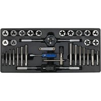 Sealey tool tray with 33-piece tap and die set, featuring various metal taps and dies in a black organizer tray.