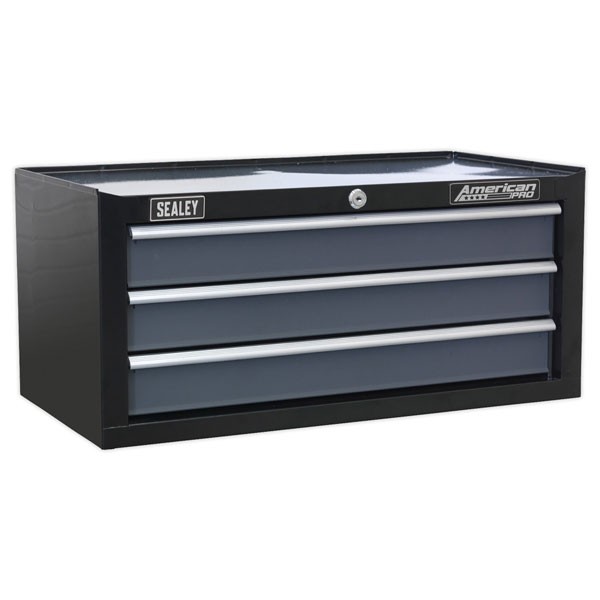 Black metal top chest with five drawers featuring ball bearing slides, a smooth surface, and a sleek design, labeled with the Sealey and American Pro logos.