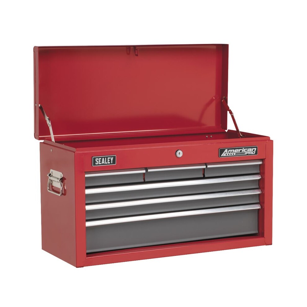 Red and grey Sealey American PRO® top chest with six drawers, featuring a metal construction, a lockable lid, and silver drawer handles for easy access.