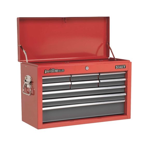 Red and grey Sealey topchest with nine drawers, featuring ball-bearing slides, a sturdy metal construction, and a hinged lid for easy access.
