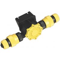Yellow and black Sealey TP51 drill-powered water pump with ribbed connectors and central gear-like design.