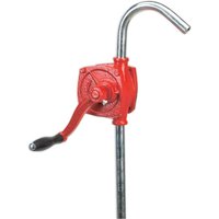 Red Sealey TP55 rotary oil drum pump with a curved metal spout and black-handled crank.