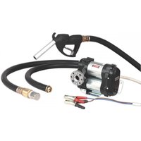 Sealey TP9824 diesel transfer pump with black hoses, silver nozzle, and red and black battery clips.