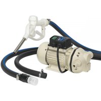 "Portable Sealey Adblue transfer pump, beige motor, black hoses, digital display, and nozzle attachment"