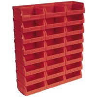 Red Sealey plastic storage bins, 105x85x55mm, stackable, pack of 24, open front for easy access.