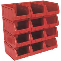 Red plastic storage bins by Sealey, stackable design, open front, 210x355x165mm, pack of 12.