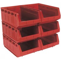 Red Sealey plastic storage bins, stackable, open front, pack of 6, dimensions 310x500x190mm.