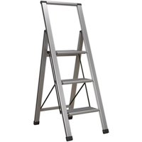 Sealey Trade Aluminium Step Ladder with three wide steps, silver finish, and black non-slip feet.