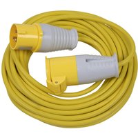 Yellow Sealey trailing extension lead 16A 1.5mm 110v with gray connectors, coiled cable.