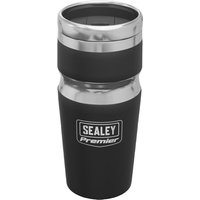 Black and silver Sealey travel mug with Sealey Premier logo, featuring a sleek design and insulated body.