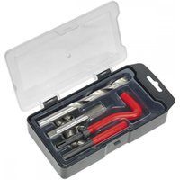 Sealey TRM12 thread repair kit with red handle tools, drill bit, and inserts in a black plastic case with clear lid.