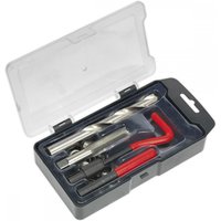 Sealey TRM14 Thread Repair Kit with drill bits, tap, and red handle in a clear-lid black plastic case.
