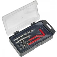 Sealey TRM6 Thread Repair Kit with metal inserts, drill bit, and red handle tools in a clear-lid black case.