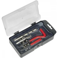 Sealey TRM8 Thread Repair Kit with metal inserts, drill bit, and red handle tool in a clear-lid black plastic case.
