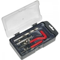 Sealey TRM9 thread repair kit with red handle tools, drill bits, and inserts in a black plastic case with clear lid.