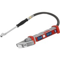 Sealey Twin Push On Chuck Tyre Inflator with digital display, red and silver body, and flexible black hose.