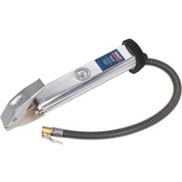 Sealey Tyre Inflator with silver metal body, black grip, and flexible hose with brass clip-on connector.