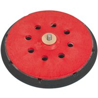 Red and black Sealey universal dust-free hook and loop DA backing pad with central metal attachment and multiple holes.
