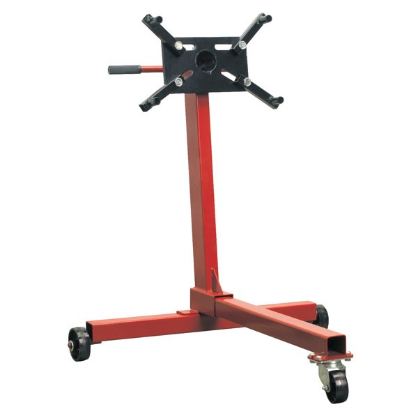 Red steel engine stand with a sturdy base, adjustable arms for securing engines, and four swivel casters for mobility, designed to support up to 450kg.