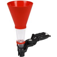 Red and clear Sealey universal oil funnel with black clamp handle and adjustable grip mechanism.