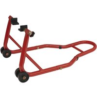 Red Sealey rear paddock stand with rubber supports, black wheels, and sturdy tubular frame.