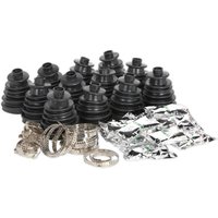 Black rubber Sealey universal stretch CVJ boots, pack of 12, with metal clamps and silver foil packets.