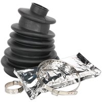 Black rubber Sealey Universal Stretch CVJ Boot with accordion design, silver clamps, and foil packaging.