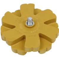 Yellow Sealey Universal Stripe Removing Pad with scalloped edges and central metal attachment bolt.