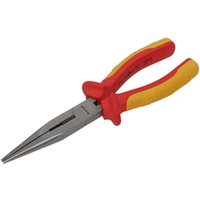 Red and yellow Sealey VDE insulated long nose pliers with pointed metal jaws and ergonomic handles.