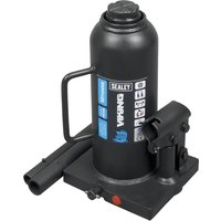 Black Sealey Viking bottle jack with blue label, side handle, and hydraulic lift mechanism on a sturdy base.