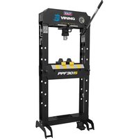 "Black Sealey Viking floor air/hydraulic press with sliding ram, foot pedal, and sturdy frame"