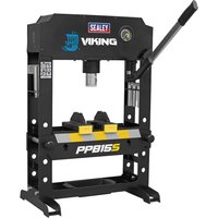 Black Sealey Viking hydraulic bench press with hand lever and pressure gauge, featuring yellow accents and sturdy frame.