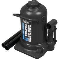 Black Sealey Viking telescopic bottle jack with a cylindrical body, side handle, and dual lifting rods.