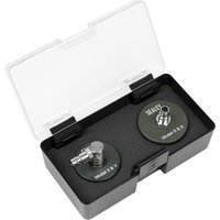 Black Sealey Tesla brake pressure bleeder cap set with two round caps in a clear-lid case.
