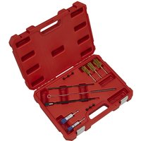 Red Sealey VS1900 case with 14 injector bore cleaning brushes, metal rods, and brass bristles in molded slots.