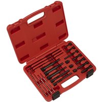 Red Sealey VS315 Glow Plug Heater Element Removal Set in a plastic case with various black tools and attachments.