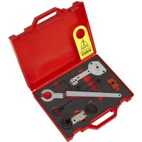 Red Sealey timing tool kit with various metal tools in foam cutouts, designed for VAG 1.2, 1.4 TSi engines.