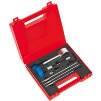 Red Sealey diesel engine timing tool kit with various metal tools in foam slots, housed in a sturdy red case.