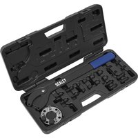 Black Sealey 24-piece pulley holding and turning set in a hard plastic case with foam cutouts and blue handle.