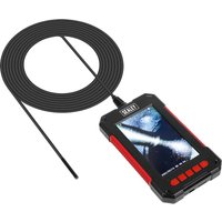 Sealey VS8114 tablet video borescope with 3.9mm camera, black and red casing, coiled cable, and screen display.