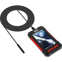 Sealey VS8116 borescope with black 8mm camera cable and red-accented tablet screen displaying video feed.