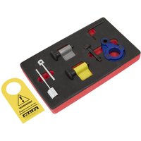 Sealey VSE2092 timing tool kit with red and black case, includes various metal tools and a yellow warning tag.