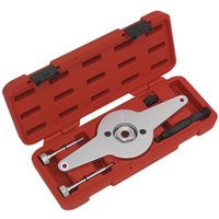 Red Sealey VSE4251 vibration damper holding tool with silver metal plate and bolts in a red plastic case.